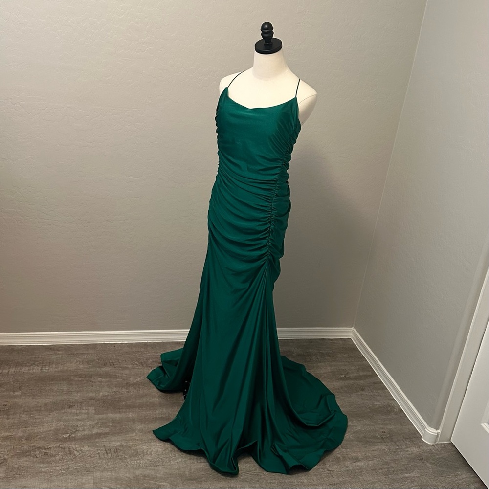 NEW JOVANI SZ 12 EMERALD GREEN SATIN CORSET LACE UP FORMAL EVENING GOWN - Picture 2 of 16